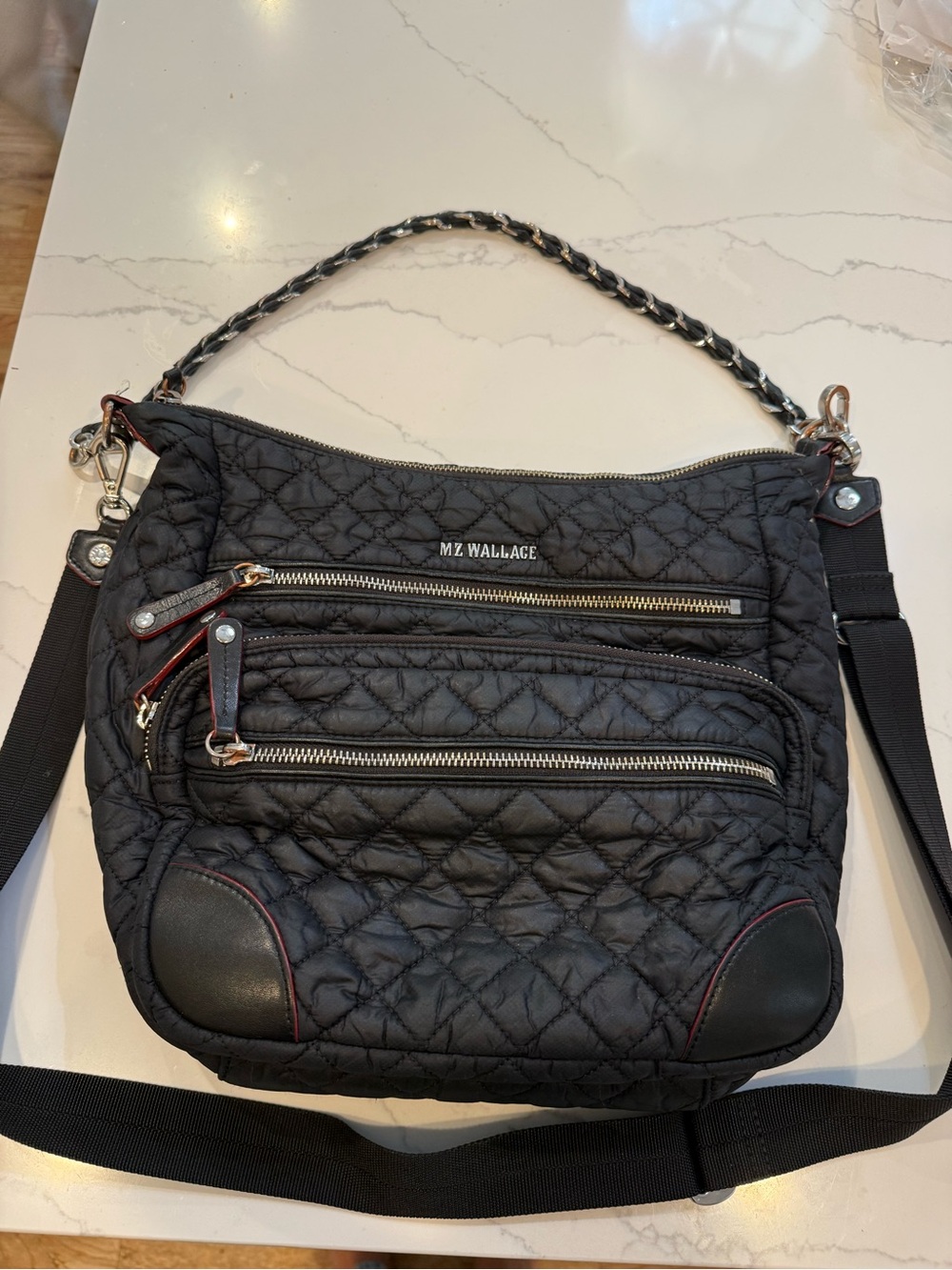 MZ Wallace Quilted Black Shoulder Bag with Red Trim
